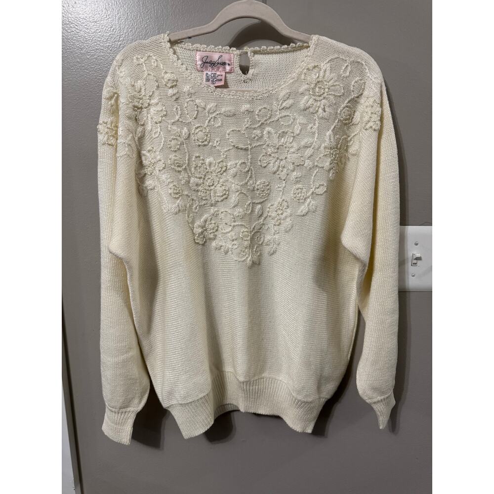 Jaclyn Smith Button Up Cardigan Cream Sweater LG VTG Granny Cottage Core Floral